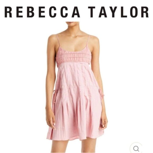 Rebecca Taylor Pink Pleated Smocked Ruched Neck  Cinched waist Silk Dres… - Picture 1 of 8